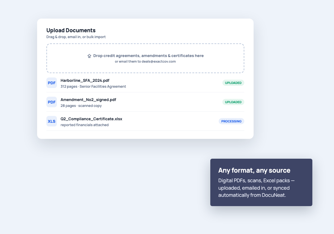 Upload credit agreements to ExactCov